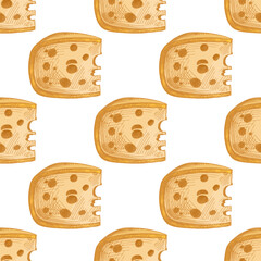 Hand drawn vintage seamless pattern of round hole cheese wheel in yellow color isolated dairy food vector illustration