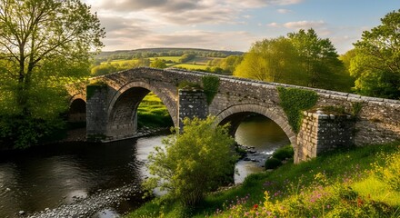 Historic stone bridge arches over a flowing river amidst lush greenery