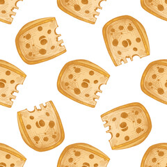 Hand drawn vintage seamless pattern of round hole cheese wheel in yellow color isolated dairy food vector illustration