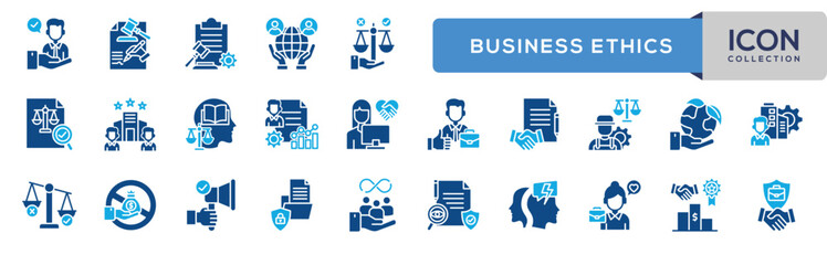 Business Ethics Icon Collection. Containing Ethical, Leadership, Code of Conduct, Regulation, Corporate, Responsibility, Decision, Transparency, Policy, Conflict