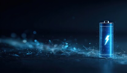 Blue Battery Illuminated Against Dark Background with Abstract Digital Network Concept