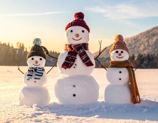Fototapeta premium Snowmen in snowy landscape and sunset