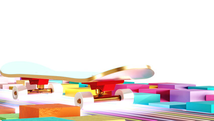 wooden skateboard on colorful street 3D rendering