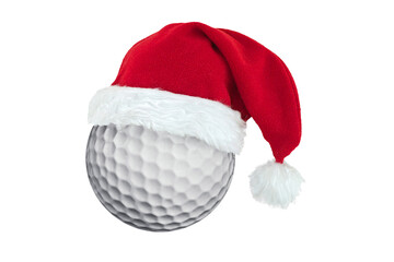 Golf ball with a Christmas Santa hat isolated on white or transparent background, holiday gift for...