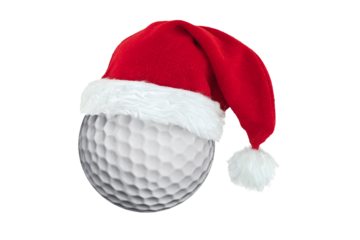 Golf ball with a Christmas Santa hat isolated on white or transparent background, holiday gift for a golfer, Golf club Christmas celebration, png cut out