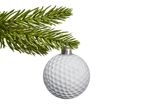 Golf ball hanging from a fir tree branch isolated on white or transparent background, gift for a golfer, Golf club Christmas celebration, png cut out - Powered by Adobe