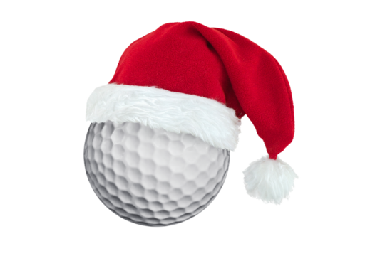 Golf ball with a Christmas Santa hat isolated on white or transparent background, holiday gift for a golfer, Golf club Christmas celebration, png cut out