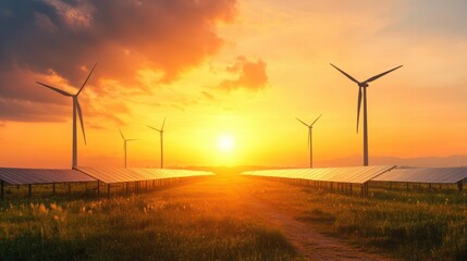 Obraz premium Golden sunset over hybrid renewable energy farm with wind turbines and solar panels.