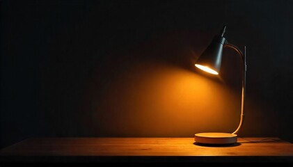 Elegant Table Lamp Illuminates Dark Room, Casting Warm Glow on Wooden Surface - Perfect for Interior Design and Home Decor
