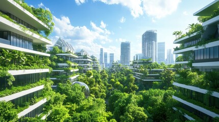 Obraz premium Futuristic eco city with green architecture and sustainable buildings under blue sky.
