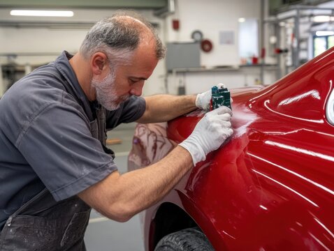 Focused man polishing red car in professional auto shop