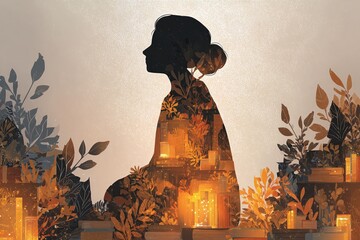 Silhouette profile of a woman with plants and books