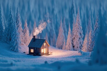 Miniature figurine of a house in a snowy wilderness