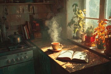 Painting of a cozy kitchen