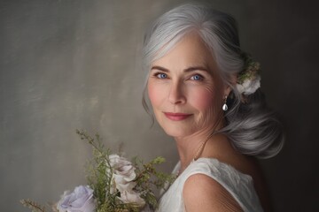 Elegant Older Bride Portrait with Silver Hair and Bouquet