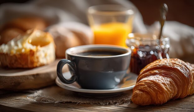 Breakfast Still Life Featuring Croissant Coffee and Orange Juice on Wooden Surface