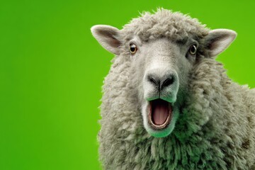 Obraz premium Silly Talking Sheep with Open Mouth on Green Background
