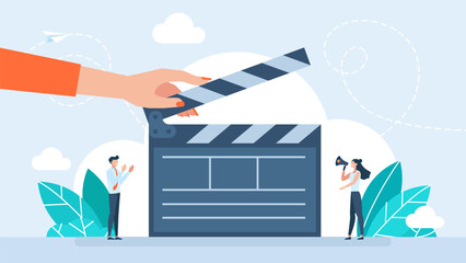 Hands holding black clapper board on white background. Clapperboard girl fires take for movie camera. Video recording, film or series production. Director on set, woman assistant. Vector illustration