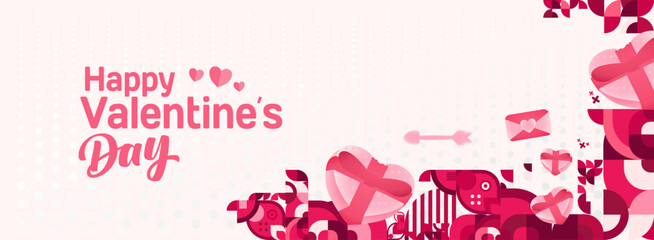 Valentine's day banner with cheerful ornaments. Floating hearts, love messages, gift boxes, cupid's arrows and romantic decorations for seasonal shopping, valentine's day sales, discount promotions