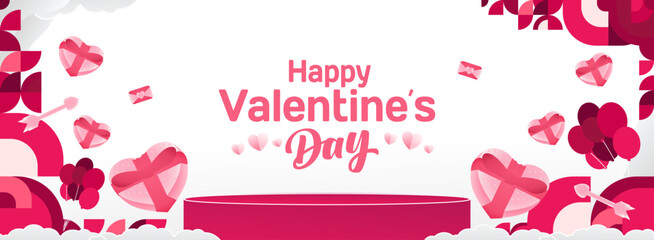 Valentine's day banner with cheerful ornaments. Floating hearts, love messages, gift boxes, cupid's arrows and romantic decorations for seasonal shopping, valentine's day sales, discount promotions