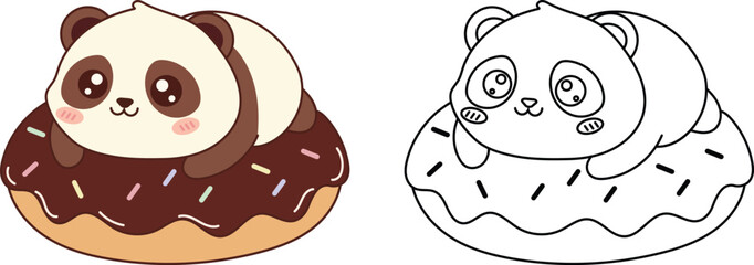Cute cartoon panda donut illustration and coloring page for kids © Rashidul Sony