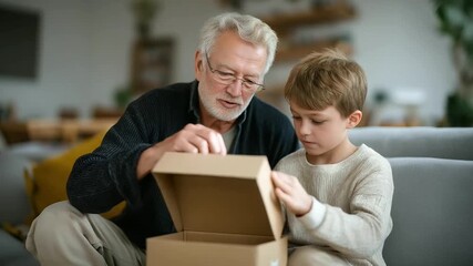 grandfather and grandson assembling cardboard sculpture in living room scissors snip glue bonding creative moment three quarter wide angle cinematic color correction gentle - Powered by Adobe