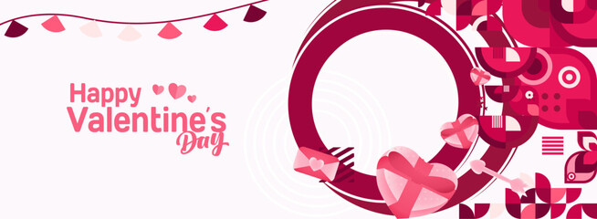 Valentine's day banner with cheerful ornaments. Floating hearts, love messages, gift boxes, cupid's arrows and romantic decorations for seasonal shopping, valentine's day sales, discount promotions