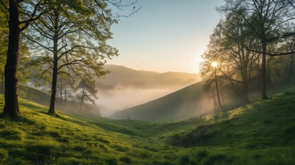 Obraz premium Serene morning landscape with fog rolling through green hills and sun rays