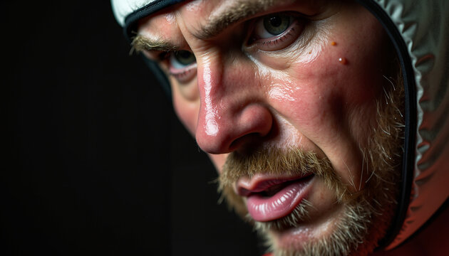 Intense male boxer with headgear focused before match in training gym - Powered by Adobe