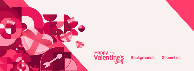 Valentine's day banner with cheerful ornaments. Floating hearts, love messages, gift boxes, cupid's arrows and romantic decorations for seasonal shopping, valentine's day sales, discount promotions