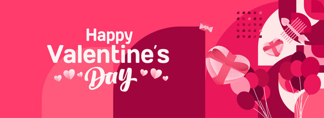 Valentine's day banner with cheerful ornaments. Floating hearts, love messages, gift boxes, cupid's arrows and romantic decorations for seasonal shopping, valentine's day sales, discount promotions