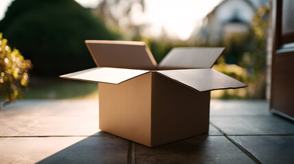 open cardboard box outdoors in morning sunlight