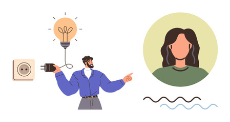 Man holding power plug towards light bulb, symbolizing creativity and inspiration, alongside minimal female portrait and wave motif. Ideal for innovation, connection, teamwork, problem-solving
