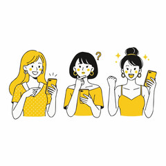Modern minimalist vector illustration of three young women using smartphones with expressive poses and yellow accents