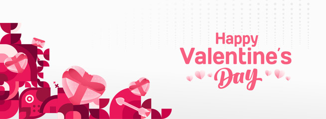 Valentine's day banner with cheerful ornaments. Floating hearts, love messages, gift boxes, cupid's arrows and romantic decorations for seasonal shopping, valentine's day sales, discount promotions