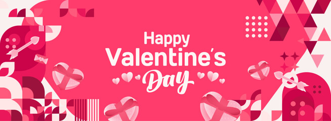 Valentine's day banner with cheerful ornaments. Floating hearts, love messages, gift boxes, cupid's arrows and romantic decorations for seasonal shopping, valentine's day sales, discount promotions