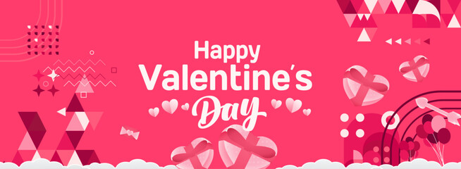 Valentine's day banner with cheerful ornaments. Floating hearts, love messages, gift boxes, cupid's arrows and romantic decorations for seasonal shopping, valentine's day sales, discount promotions