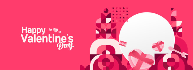 Valentine's day banner with cheerful ornaments. Floating hearts, love messages, gift boxes, cupid's arrows and romantic decorations for seasonal shopping, valentine's day sales, discount promotions