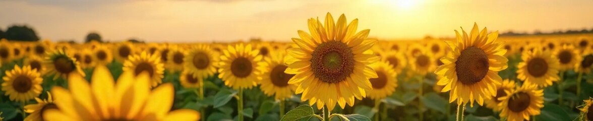 Golden Sunlight Bathes Vibrant Sunflower Field Stretching to Horizon, Tall Stalks Swaying Gently in Summer Breeze, Picturesque Scene of Natural Beauty and Tranquility