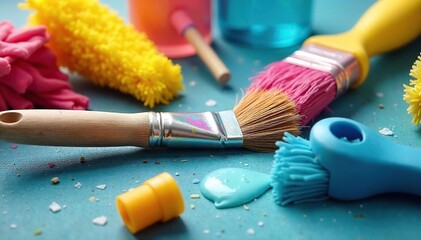 Artistic Housework A Playful Still Life of Cleaning Supplies and Paintbrush