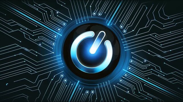 Digital Glowing Power Button with circuitry pattern, Symbolizing Technology, Energy, and Innovation
