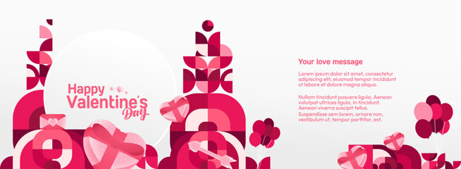 Valentine's day banner with cheerful ornaments. Floating hearts, love messages, gift boxes, cupid's arrows and romantic decorations for seasonal shopping, valentine's day sales, discount promotions