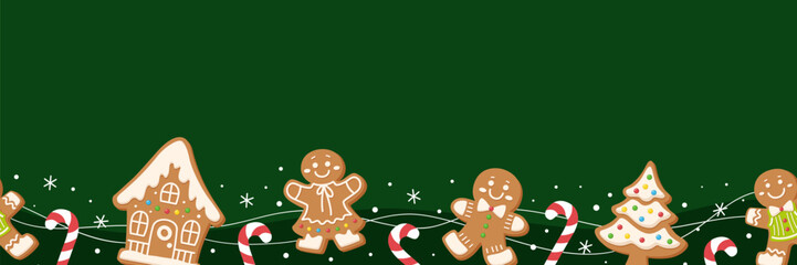 Seamless Christmas border with gingerbread houses, men, candy canes and Christmas trees on green background. Festive holiday design for wrapping paper, cards and winter decorations.