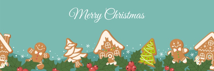 Christmas seamless border with gingerbread cookies, houses, men, Christmas tree, candy canes and holly leaves and berries on teal background. Cozy festive design for winter decor and packaging.