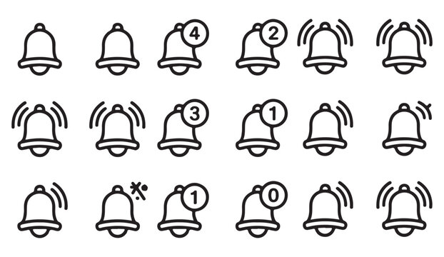 Set of linear notification bell icons in outline style for modern UI, web, and digital application interfaces