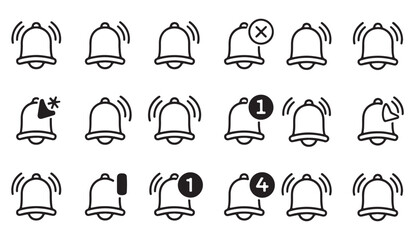 Outline notification bell icon set showing alerts, badges, and reminders for app and user interface design concepts