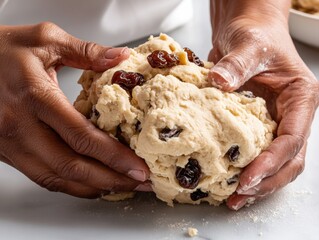 Adult woman shaping dough with raisins in kitchen during daytime