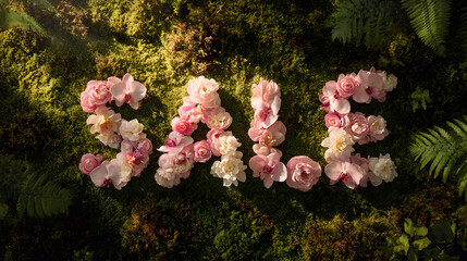 Sale word made of pink flowers on green moss background