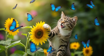 Cat in a sunflower garden with butterflies and sunlight against a blurred background