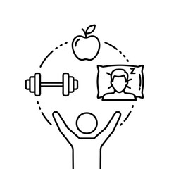 Conceptual illustration of a healthy lifestyle, encompassing physical fitness, nutritious eating, and restorative sleep